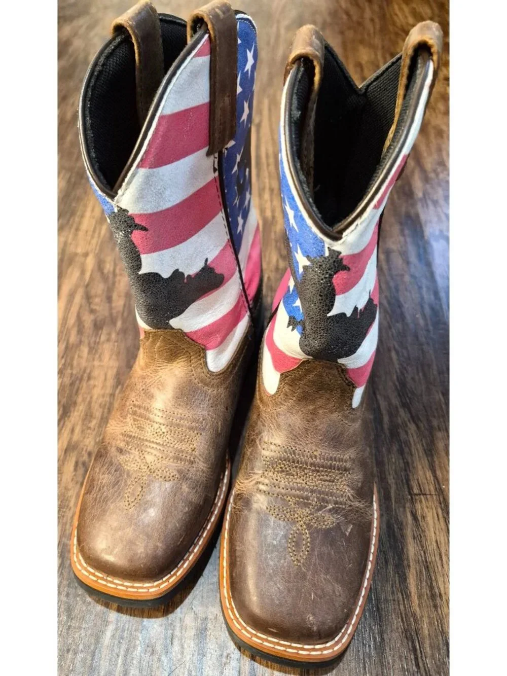 Dan Post Buck Leather Square Toe Cowboy Boots American Flag Bronco Child 13.5D